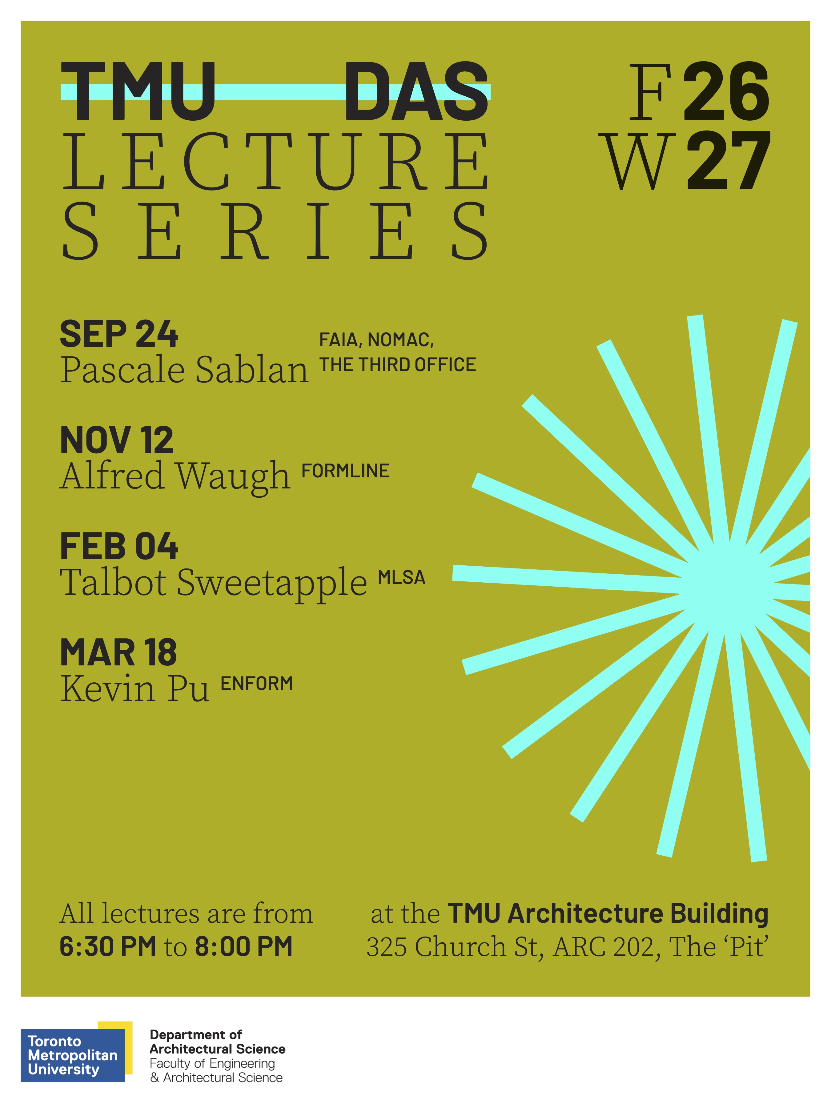 The Department of Architectural Science Fall 2026 and Winter 2027 Lecture Series Poster, featuring a chartreuse green background with a turquoise blue start on the right-hand side.