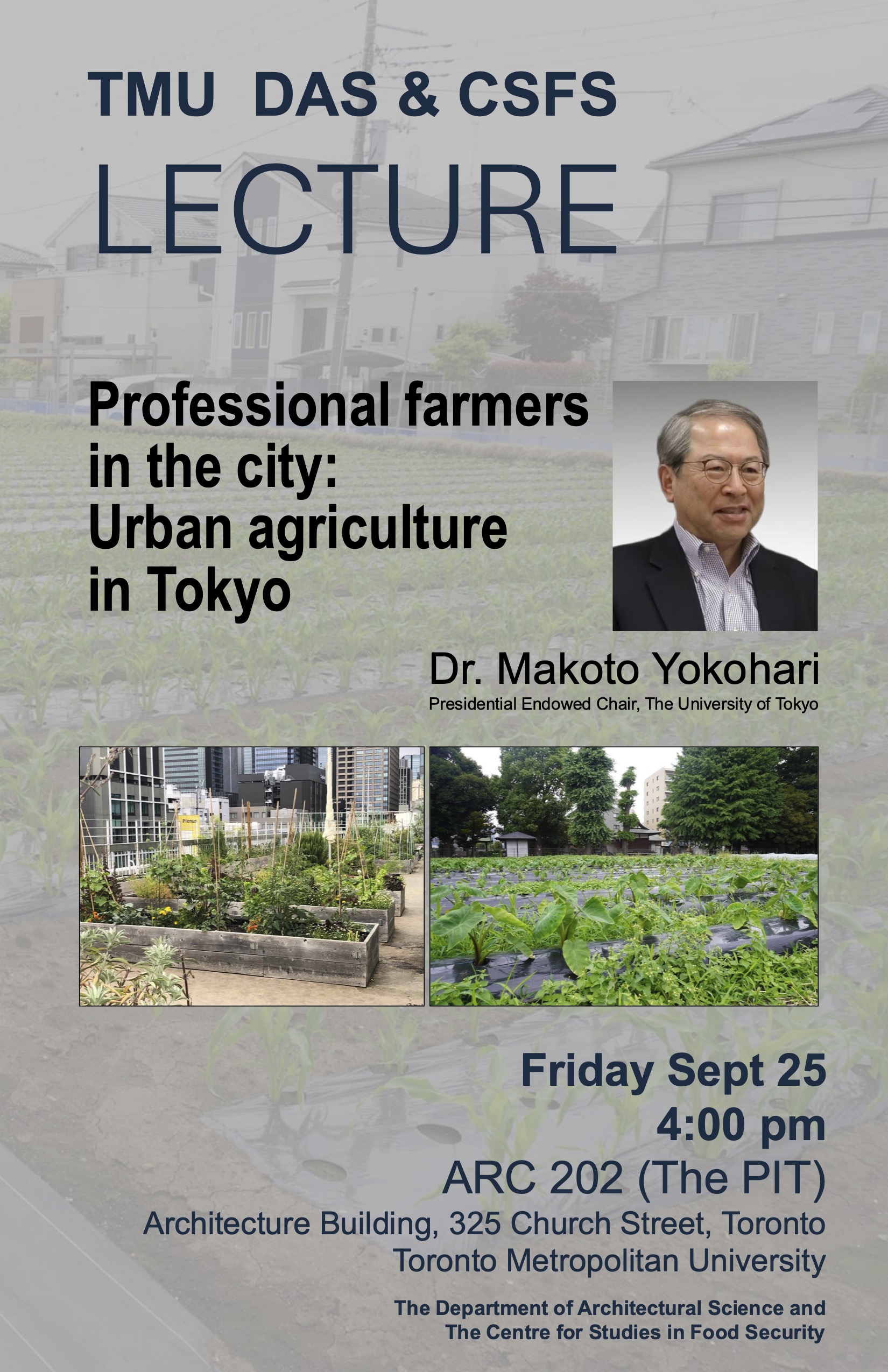 Makoto Yokohari lecture poster with headshot and scenes of a community garden.