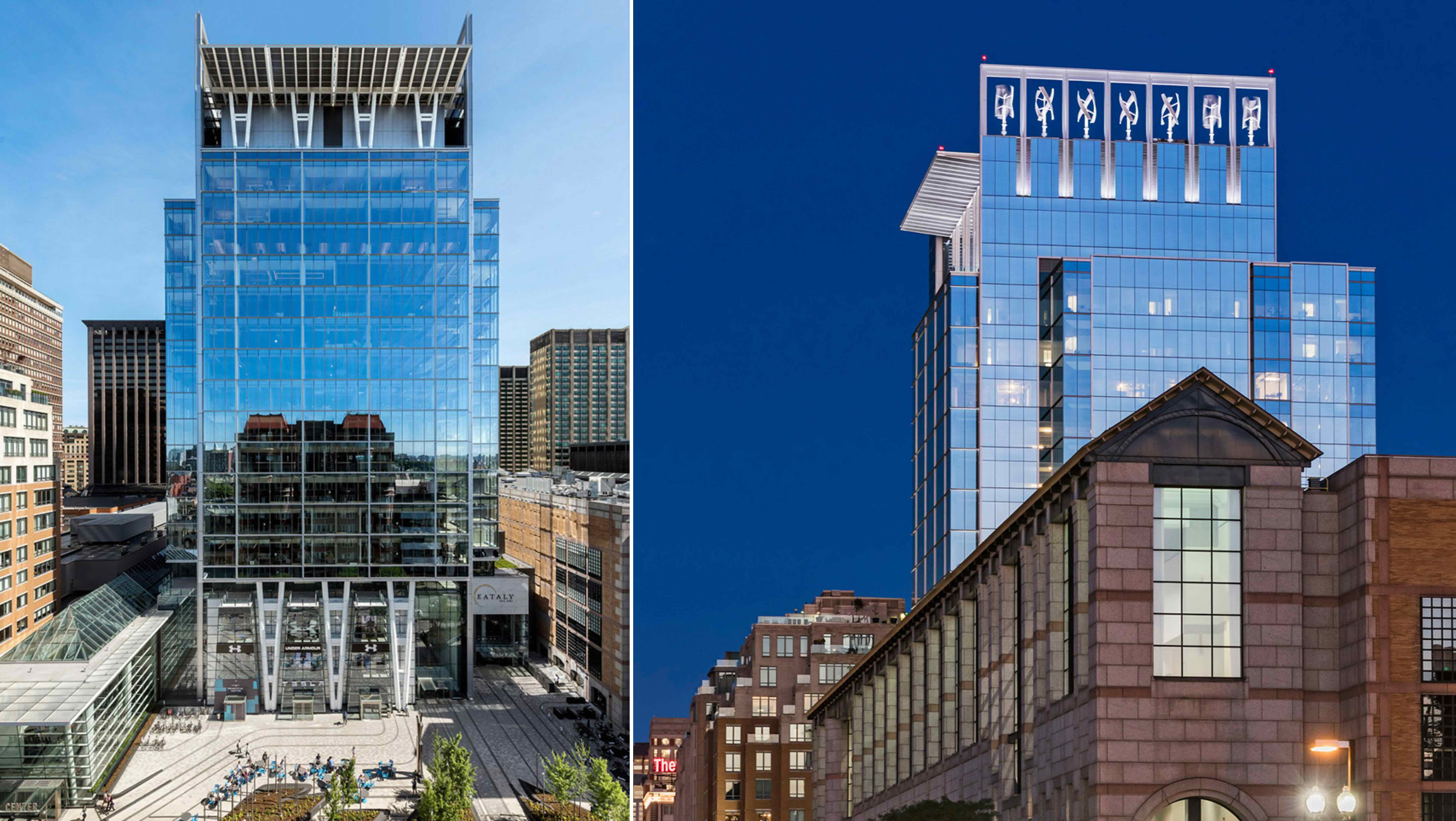 Collage of two buildings, mainly of glass in a city