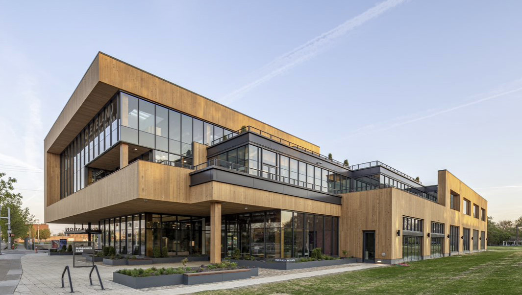 Modern building with wood and black details