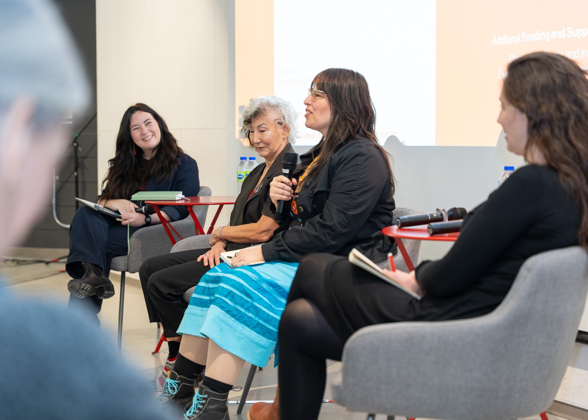 Session Three: Indigenous Women in Architecture panel discussion (L-R: Amina Lalor (Moderator and Collaborator), Harriet Burdett-Moulton, KaaSheGaaBaaWeak | Eladia Smoke, and Tiffany Shaw). 