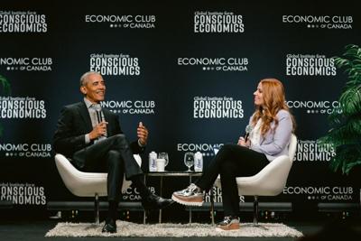 ACS graduate Rhiannon Rosalind, founder of Conscious Economics, in conversation with former President Barack Obama