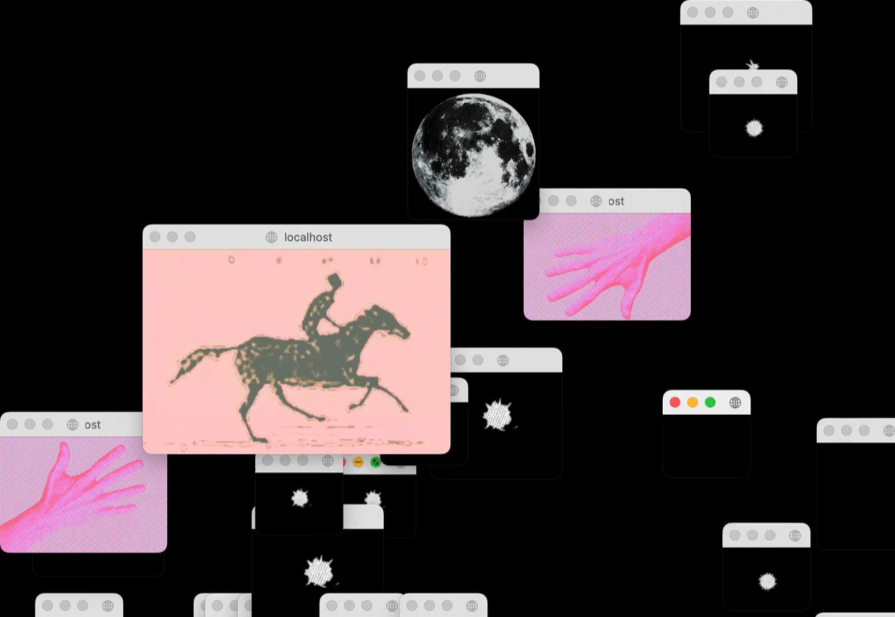 Visual of several computer windows with visuals including hands and horse