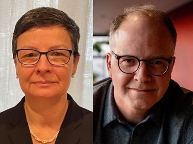 Two-photo collage of a woman smiling and a man smiling 