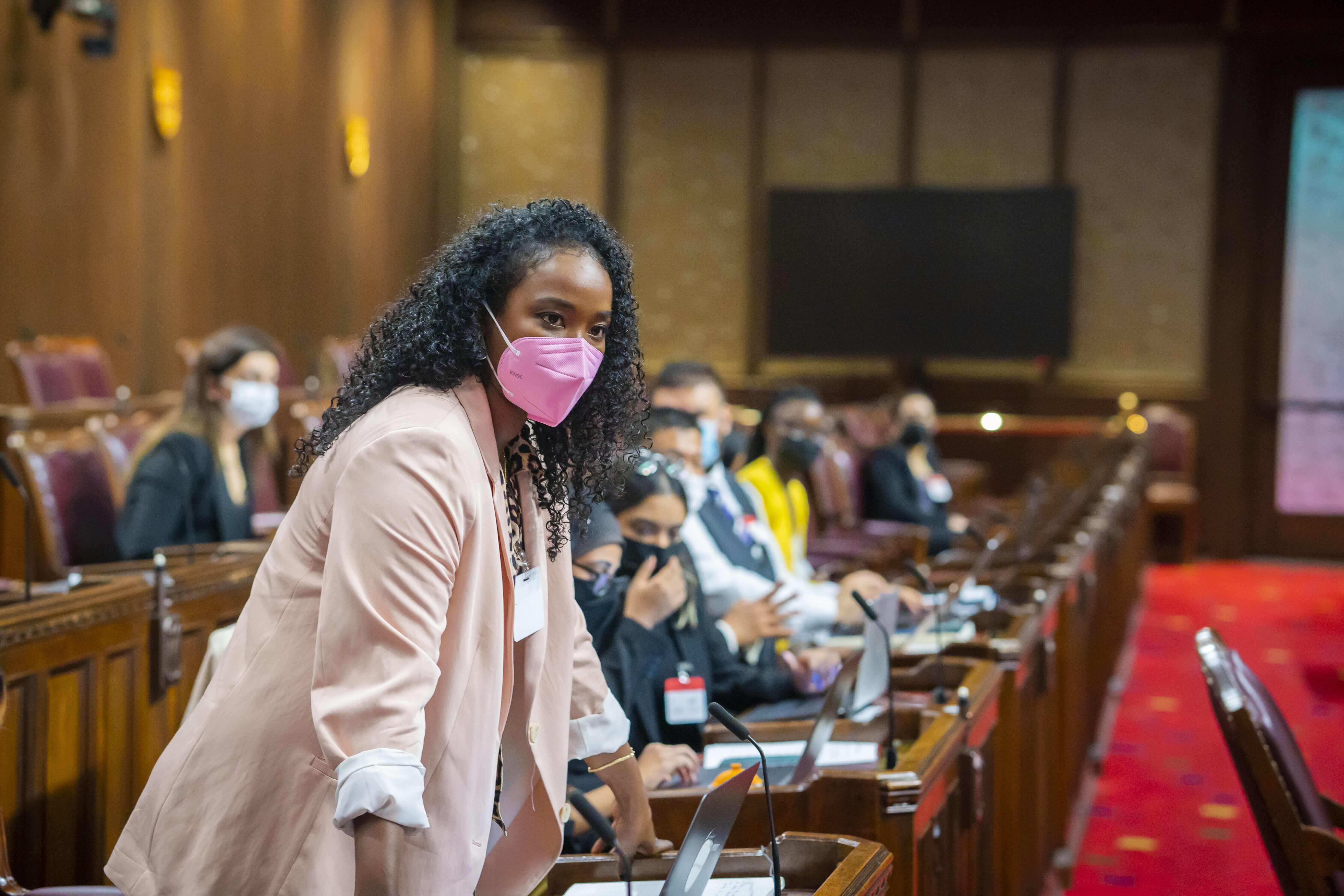 Students participating in mock parliamentary proceedings at the Ottawa Senate chambers, June 2022.