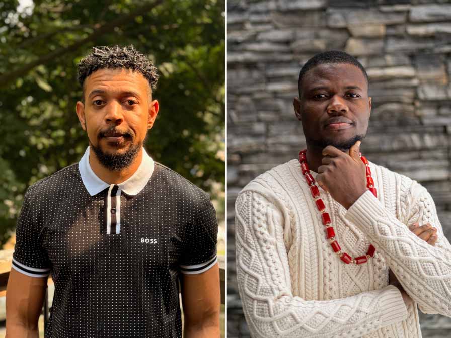 A split image of two men: left, wearing a black polo outdoors with a neutral expression; right, in an ivory sweater and red necklace, posing by a stone wall.