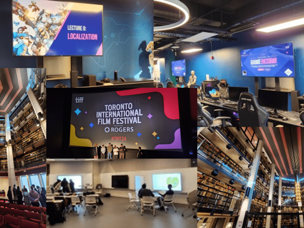 ALT Text: Collage of experiential learning in the TMU Active Learning Classroom, Toronto International Film Festival presentation, Lectures, and video game lectures.