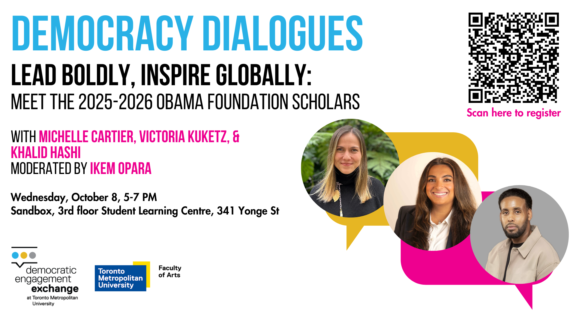 A promotional flyer for Democracy Dialogues event, highlighting speakers Michelle Cartier, Victoria Kuketz, Khalid Hashi. 