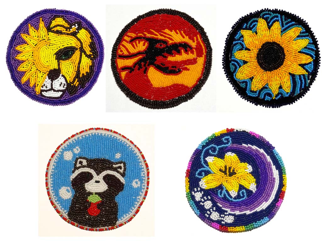 Beaded art of half a lion and sun, red dragon, sunflower on blue background, racoon holding a strawberry, and a yellow flower with a purple crescent moon.    