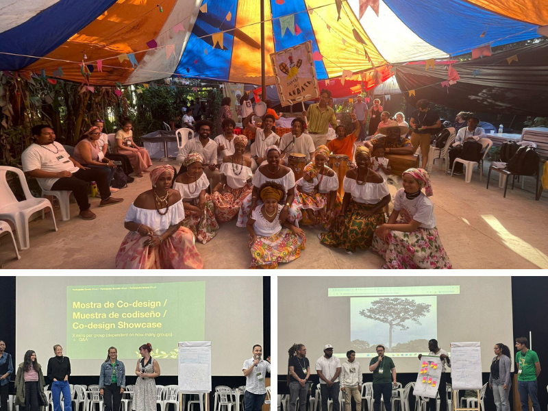 A vibrant cultural event under a colourful tent with people in traditional attire; two panels below showing a co-design showcase with presenters discussing topics.
