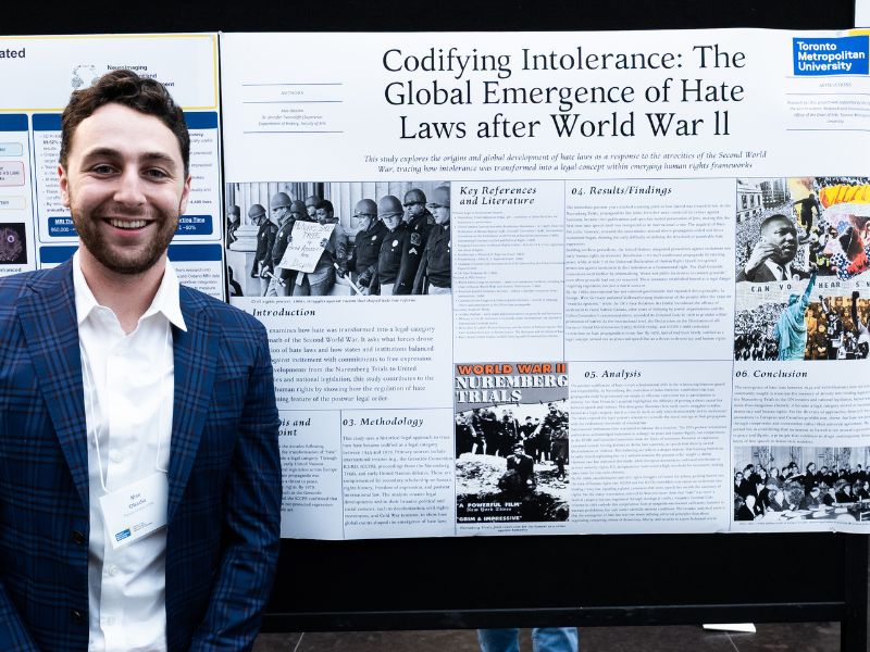 Max stands in front of a detailed academic poster titled Codifying Intolerance: The Global Emergence of Hate Laws after World War II.