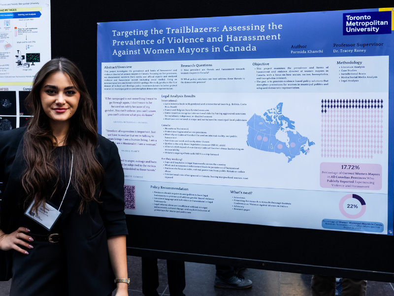 Parmida stands in front of a research poster titled Targeting the Trailblazers, which discusses violence against women mayors in Canada.