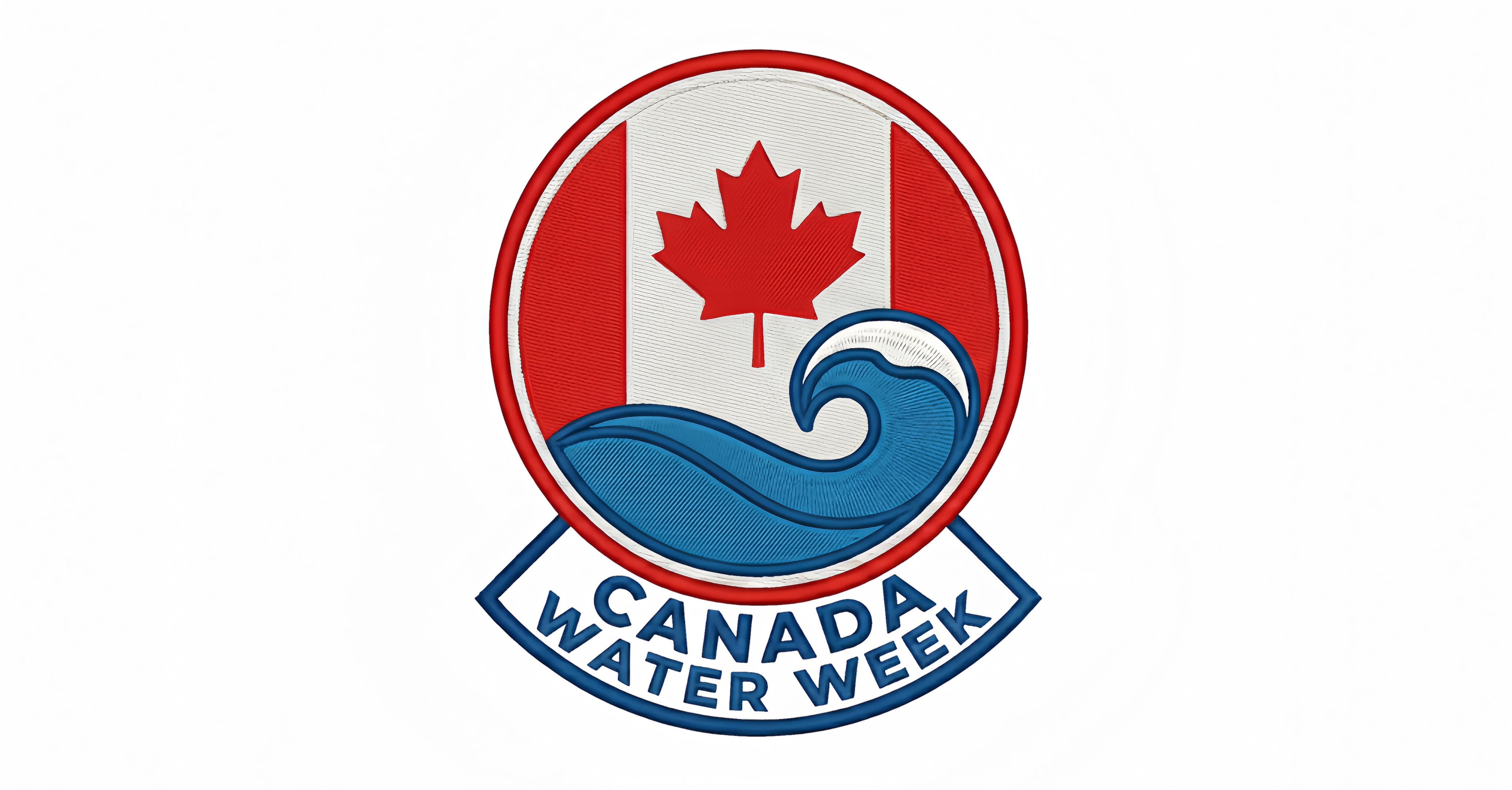 Canada Water Week Logo. It has the Canadian flag in a circle with a wave underneath it. It says Canada Water Week in all caps below in a ribbon like rectangle. The logo is Red and White for the Flag and Blue for the text and wave. 