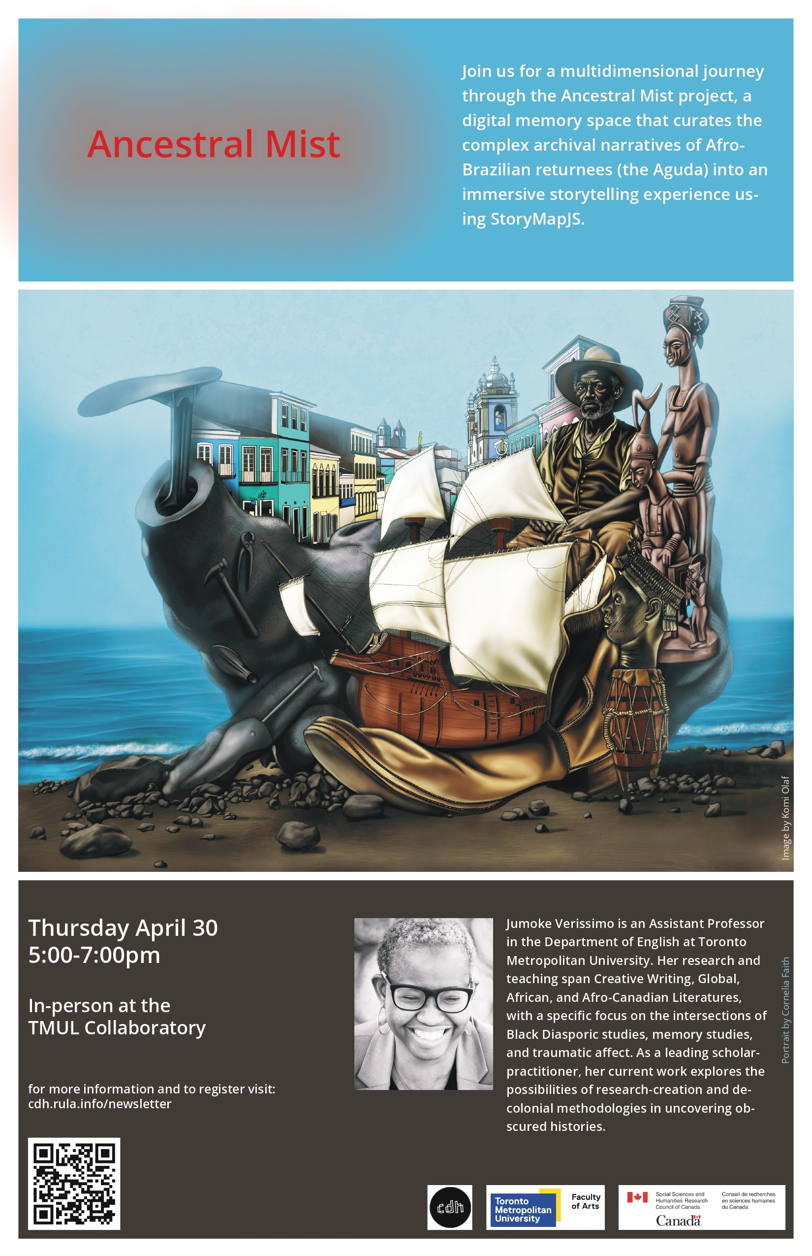 Poster of the event is displayed. It depicts a large shipwrecked boat with historical African figures on the boat. 