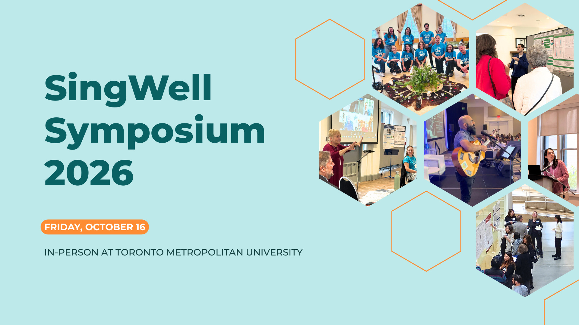 Graphic created for the Singwell Symposium. It has the event details of it being held on Friday October 16th from 9:30am until 5:30pm. 