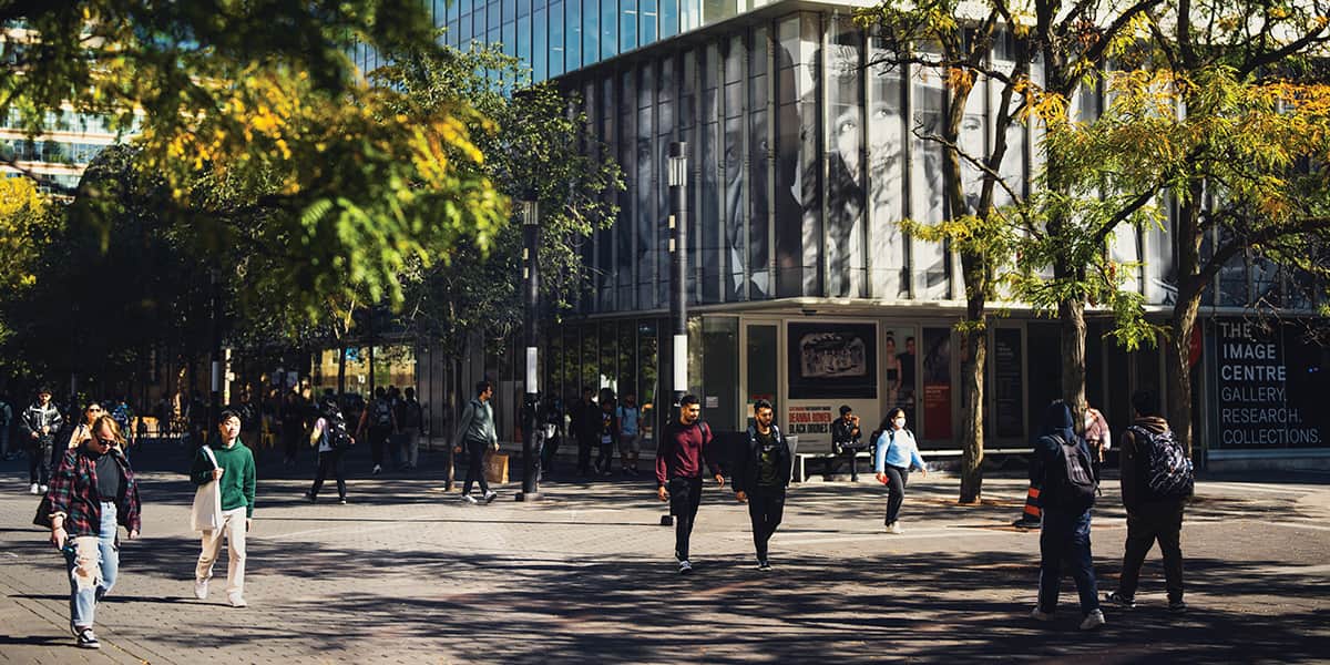 TMU campus where students are walking around