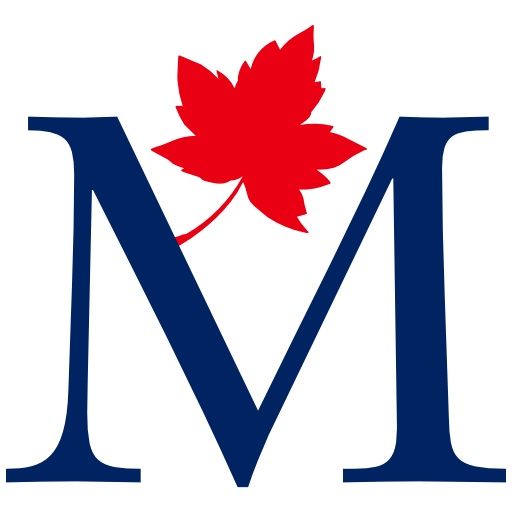 Logo for Maytree. It features a large Capital M with a Canadian leaf on top. 