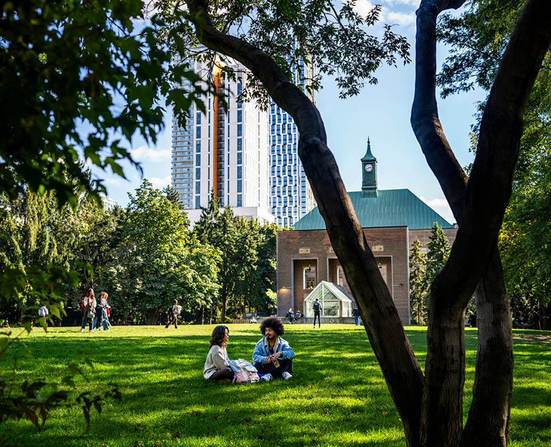 Two people sit on grass under a tree in a sunny park, with a brick building and skyscrapers behind.