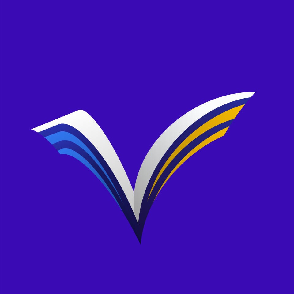 Stylized "V" logo on a deep blue background. The left side is blue with white, and the right is yellow with white