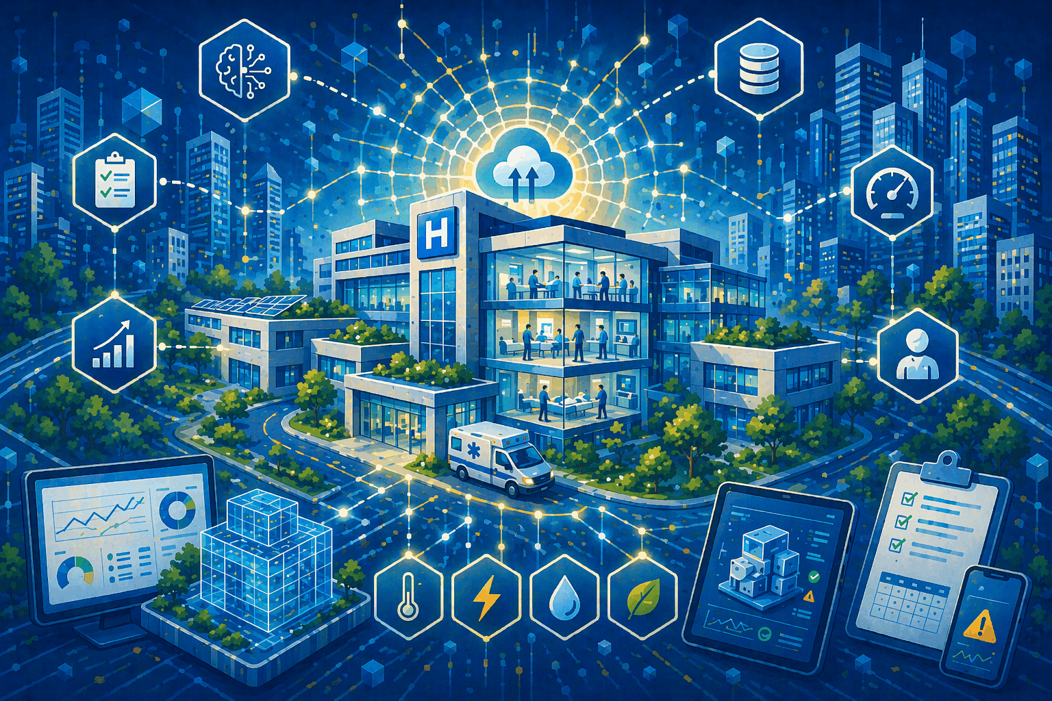 Smart Building Digital Twins for Healthcare 3D illustration of the project process.