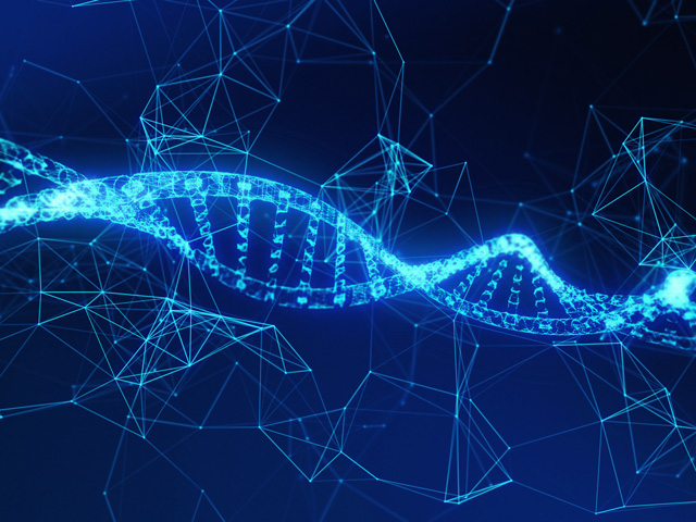 DNA, helix model medicine and network connection lines for technology concept on blue background, 3d illustration