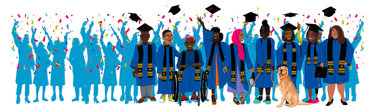 A diverse group of Black graduates in blue gowns, graduate caps and Kente stools smiling.