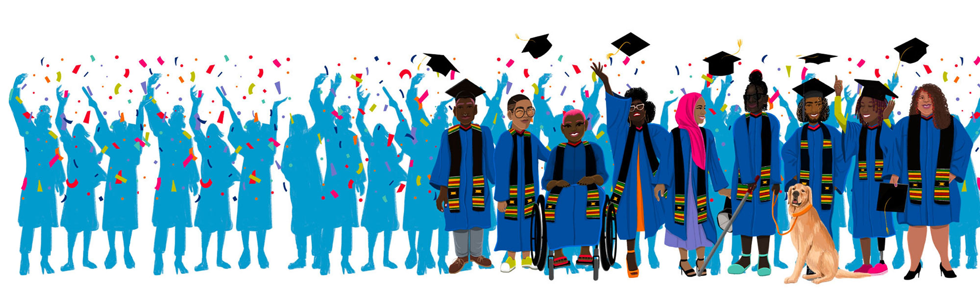 An illustration of a diverse group of Black identified graduating students