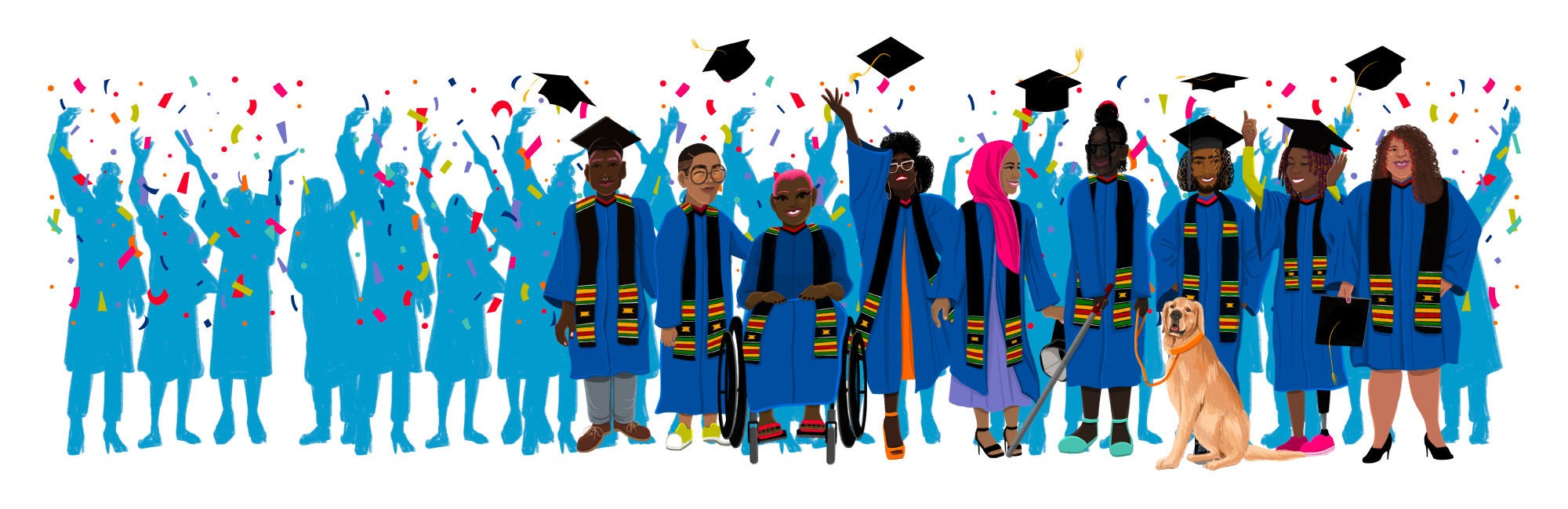 An illustration of a diverse group of Black identified graduating students