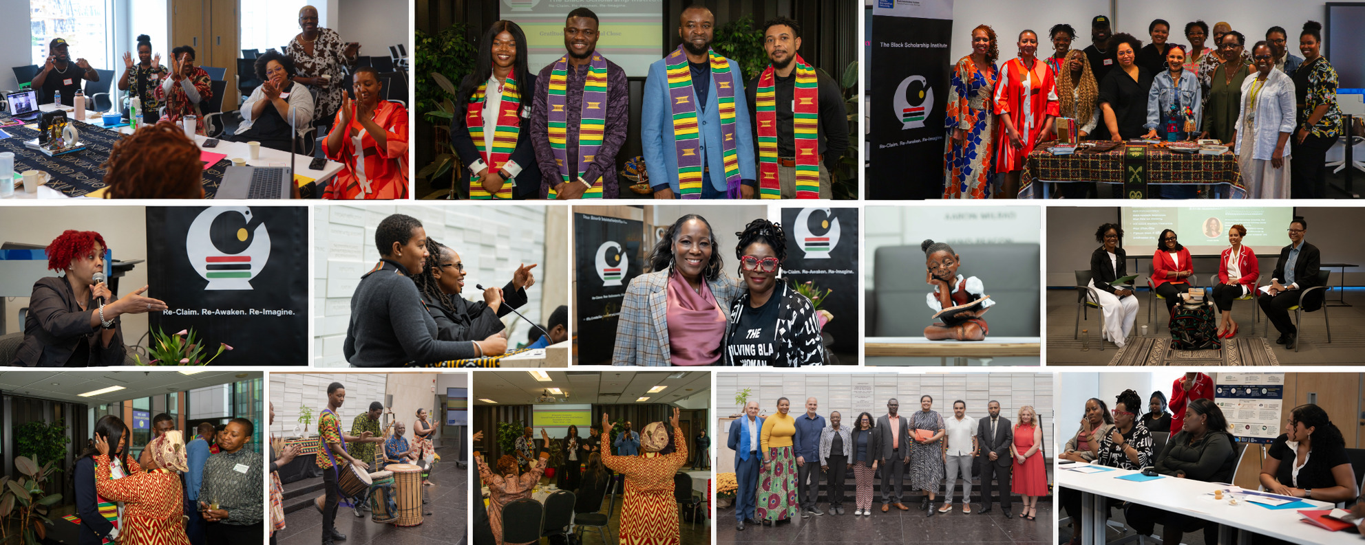 A 13-panel photo grid showing events of the Black Scholarship Institute, all with a theme of belonging