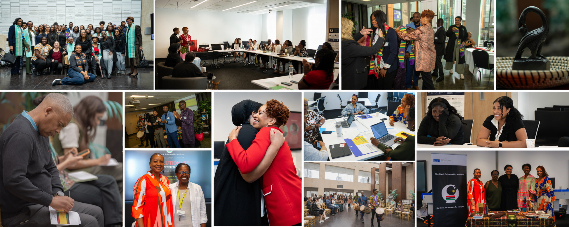 A 12-panel photo grid showing events of the Black Scholarship Institute, all with a theme of belonging