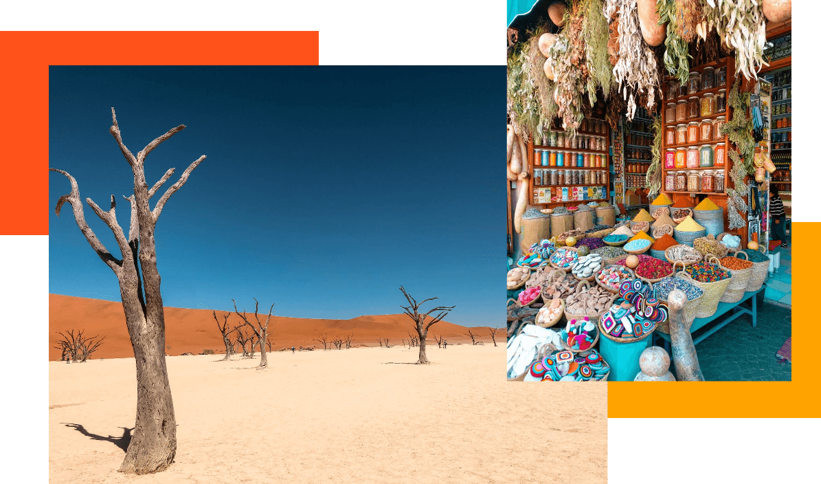 African market and desert landscape