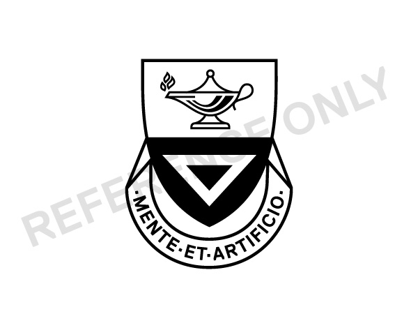 Simplified TMU crest: Shield with lamp, inverted triangle, and the motto 'MENTE ET ARTIFICIO.' Watermarked 'REFERENCE ONLY'