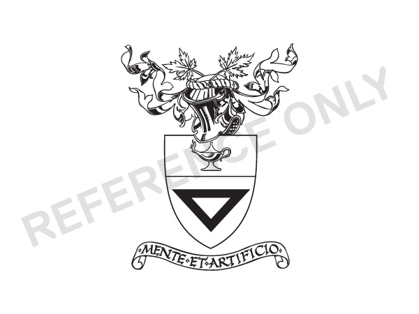 Traditional crest for TMU (Toronto Metropolitan University) with a shield, lamp, inverted triangle, and the motto 'Mente et Artificio.' The image is watermarked 'REFERENCE ONLY'.