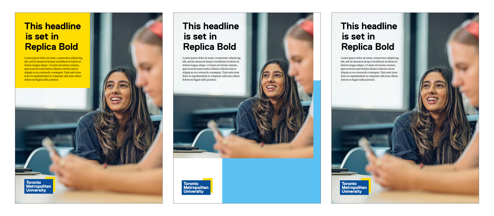 Comparison of three typographic treatments using Replica Bold headline and body copy, with varying yellow and blue colour blocks.