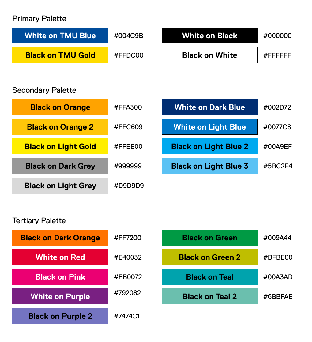 TMU brand color palette reference chart showing Primary, Secondary, and Tertiary colors, including TMU Blue, TMU Gold, various neutrals, and accent colors, along with corresponding hex codes.