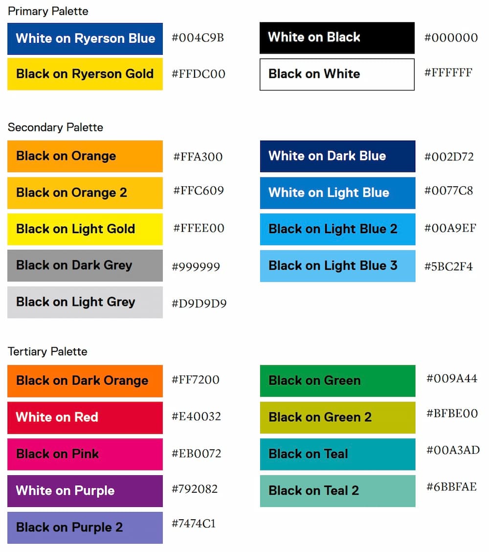 TMU branded colours with black and white text to indicate accessible combinations