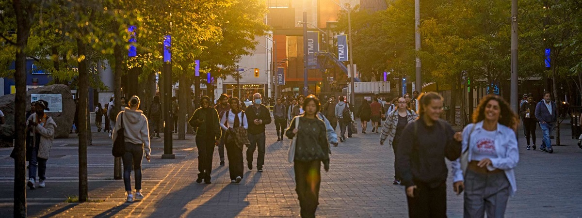 People walking in Toronto at sunset