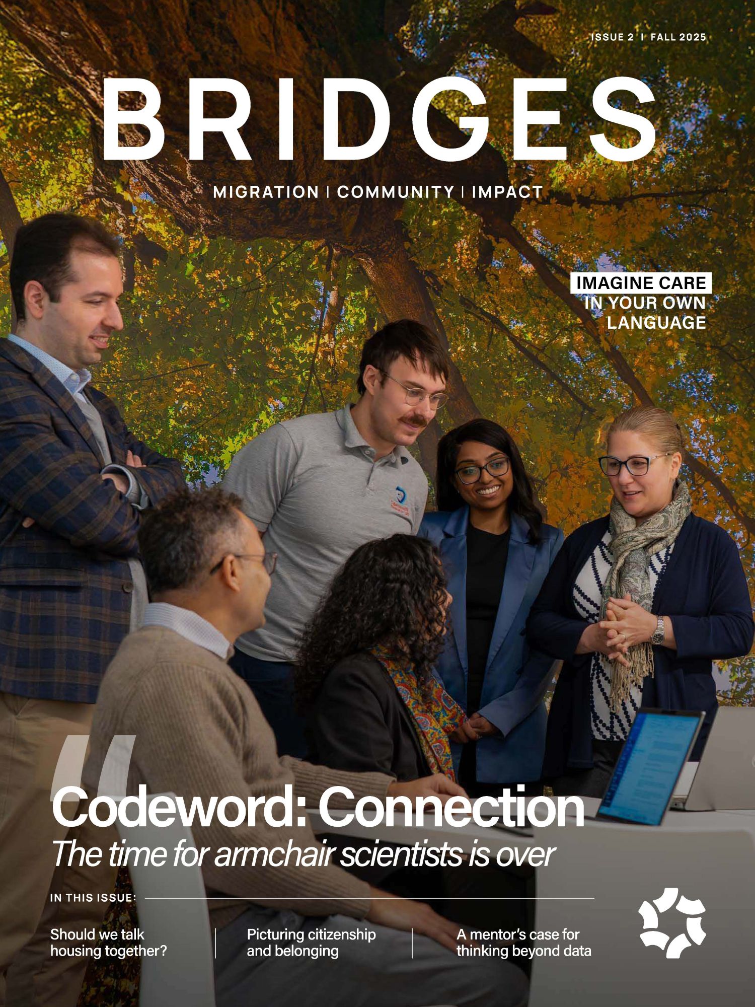 Cove of Bridges Magazine, Issue 2. Multiple researchers from the Bridging Divides team at Toronto Metropolitan University and working together and discussing future research directions