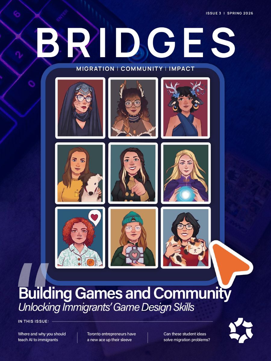 Cove of Bridges Magazine, Issue 3. An illustration of 9 different "characters" in different styles. The text on the cover reads "Building Games and Community. Unlocking Immigrants' Game Design Skills"