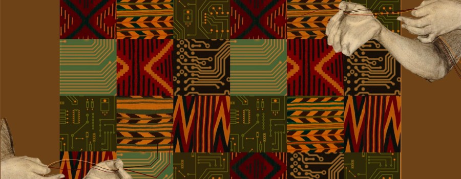 A collage that merges circuit board patterns with textile motifs in a grid-like background of alternating black, grey, and white. Two hand-drawn arms are on each side of the image, positioned as if gently pulling on thin, white strings that cross the image diagonally. The hands appear soft and somewhat translucent, contrasting with the rigid lines of the circuit board patterns behind them. The strings are woven through both the hands and the background, symbolising the connection between traditional weaving and modern technology. The overall colour palette features muted earth tones, including browns, beiges, and grays, creating a sense of both history and continuity between the natural and technological worlds..