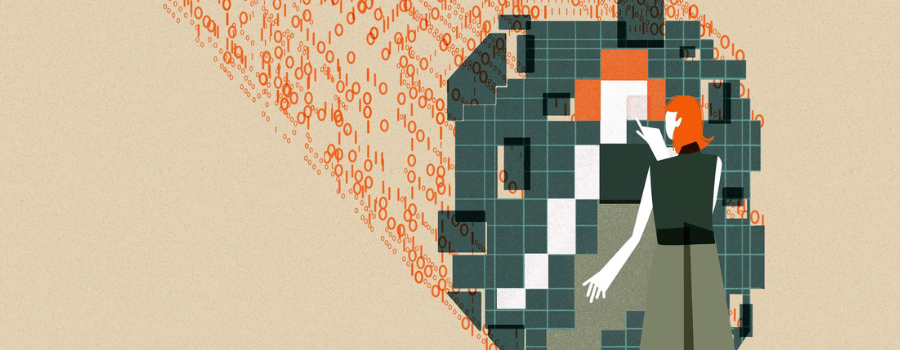 This image shows an individual with orange hair interacting with a large, abstract digital mirrored structure. The structure is composed of squares in varying shades of green, orange, white, and black which are pieced together to reflect the individual’s figure. The figure's hand is extended as if pointing to or interacting with the mirrored structure. Behind the  structure are streams of binary code (0s and 1s) in orange, flowing towards the digital grid.