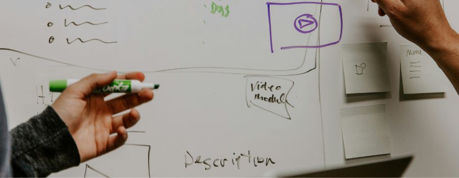 People working on a whiteboard designing a website
