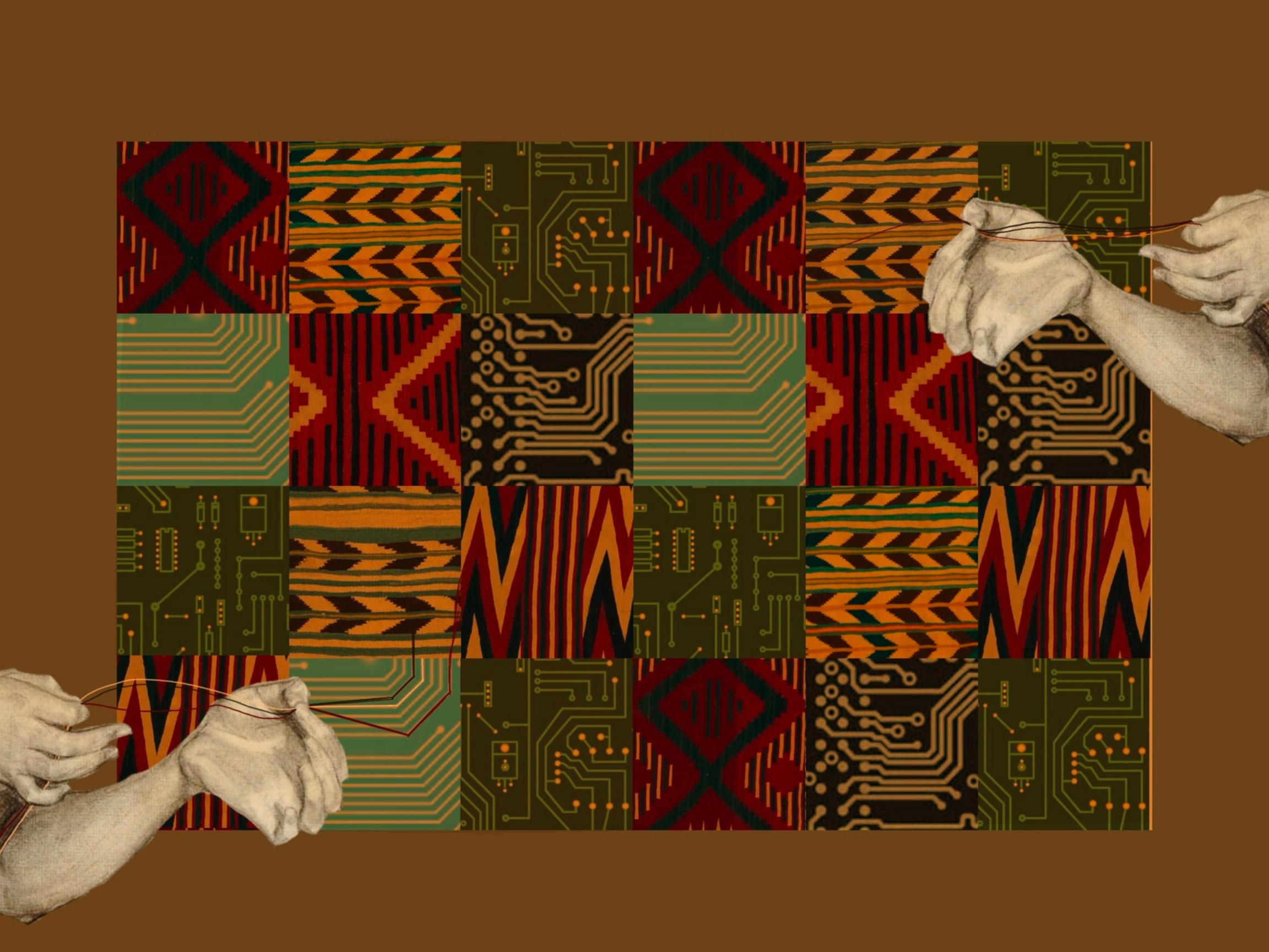 A collage that merges circuit board patterns with textile motifs in a grid-like background of alternating black, grey, and white. Two hand-drawn arms are on each side of the image, positioned as if gently pulling on thin, white strings that cross the image diagonally. The hands appear soft and somewhat translucent, contrasting with the rigid lines of the circuit board patterns behind them. The strings are woven through both the hands and the background, symbolising the connection between traditional weaving and modern technology. The overall colour palette features muted earth tones, including browns, beiges, and grays, creating a sense of both history and continuity between the natural and technological worlds..