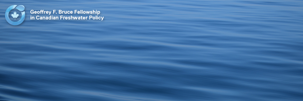 Calm water with an overlay of the Geoffrey F. Bruce Fellowship Logo