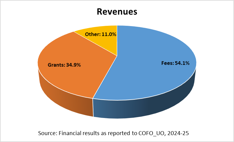 revenues pie char, grants 34.9%; Fees 54.1%; Other 11%