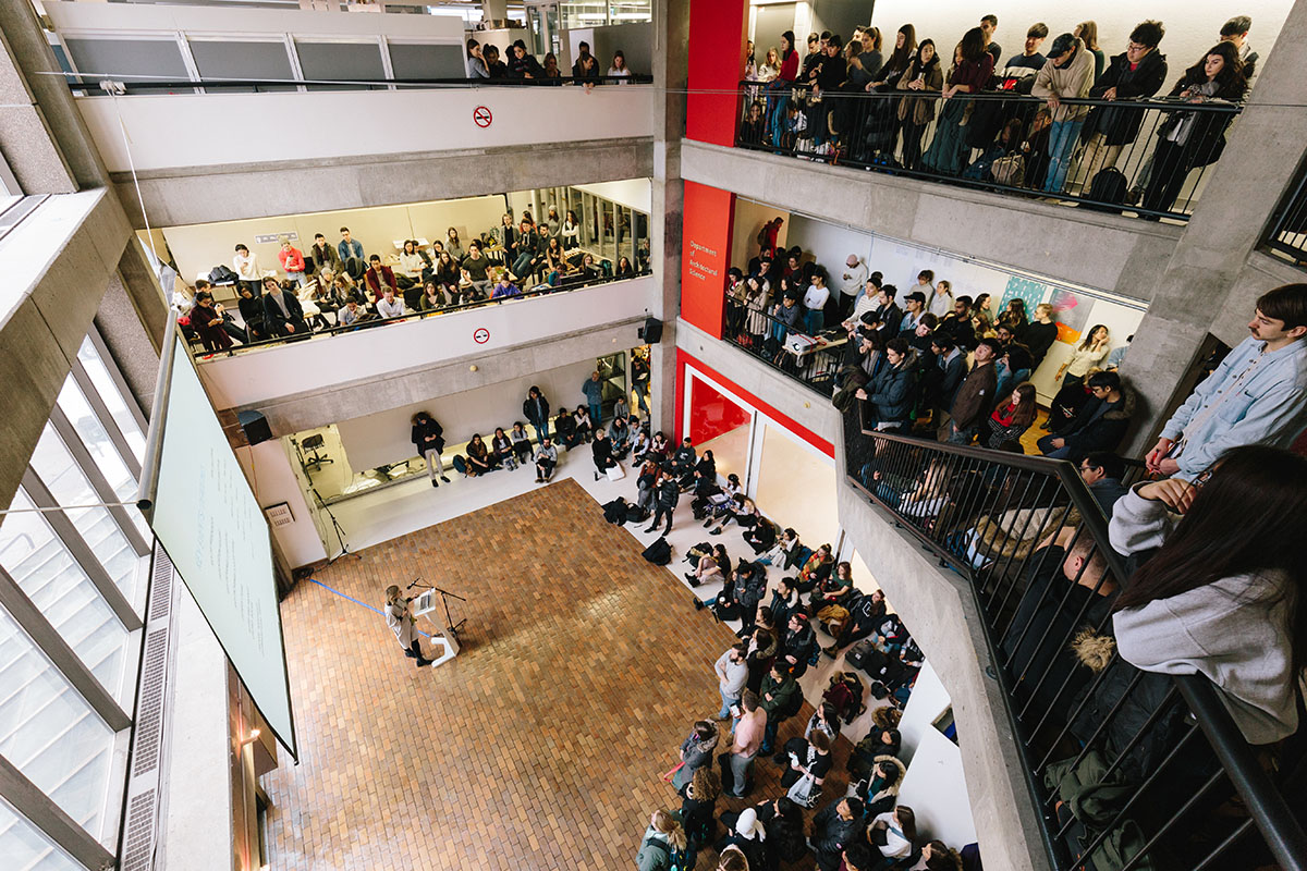 People in foyer of Architectural Science Building.