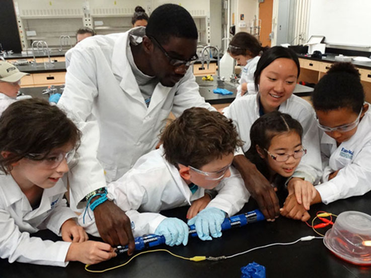 Four campers and two counsellors  crowd around a lab bench to view an experiment. All are wearing lab coats and protective eyewear.