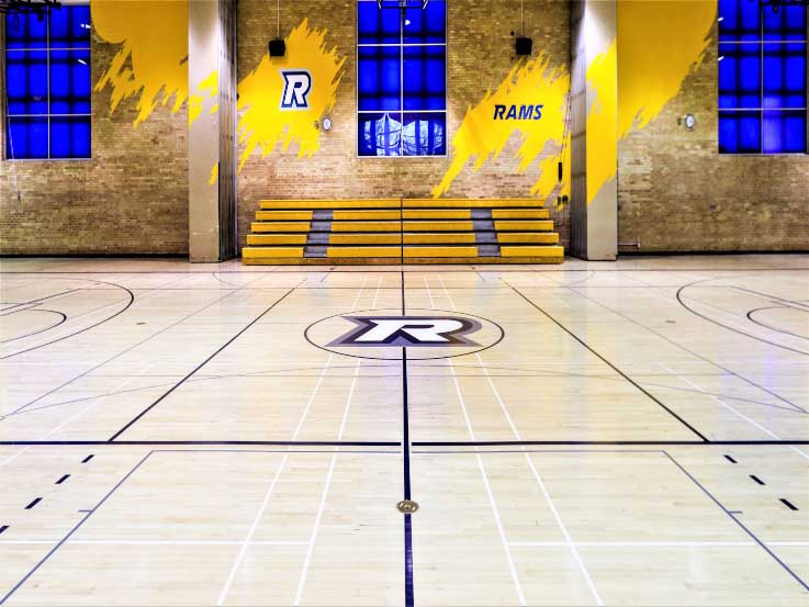 The basketball court in Kerr Hall's upper gym
