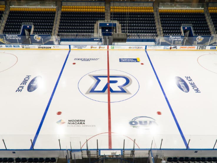 An overhead view of the hockey rink at the Mattamy Athletic Centre