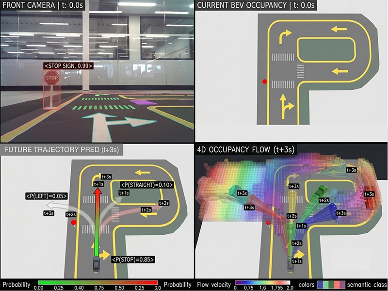 A four-panel graphic displaying autonomous driving perception data. The panels show a front camera feed detecting a stop sign, a bird’s-eye view road layout, trajectory probability predictions, and a 3D volumetric occupancy flow grid.